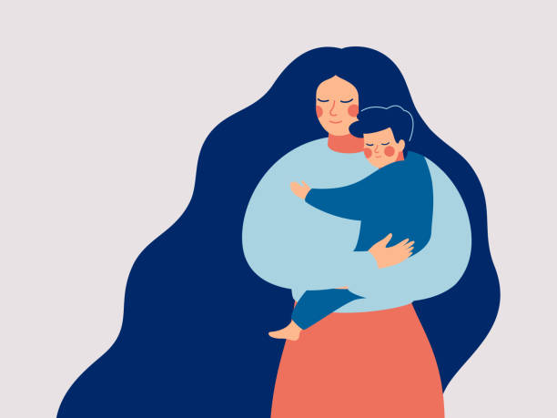 Young mother holds her son with care and love. Young mother holds her son with care and love. Happy Mothers Day concept with mom and small boy. Vector illustration embracing illustrations stock illustrations