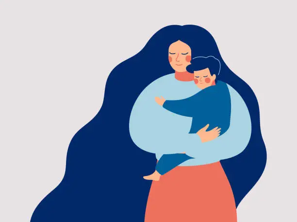 Vector illustration of Young mother holds her son with care and love.