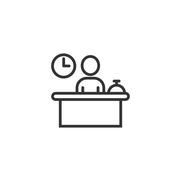 Check in reception icon in flat style. Booking service vector illustration on white isolated background. Hotel reservation business concept. Check in reception icon in flat style. Booking service vector illustration on white isolated background. Hotel reservation business concept. receptionist stock illustrations