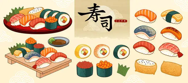 Vector illustration of Sushi bar food collection