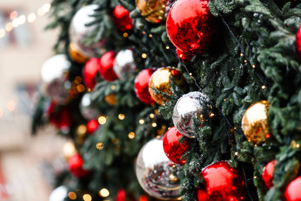 istock christmas-tree decoration bauble on decorated Christmas tree 1200663005