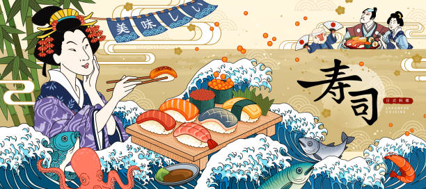 ilustraciones, imágenes clip art, dibujos animados e iconos de stock de anuncios de bar de sushi estilo ukiyo-e - geisha