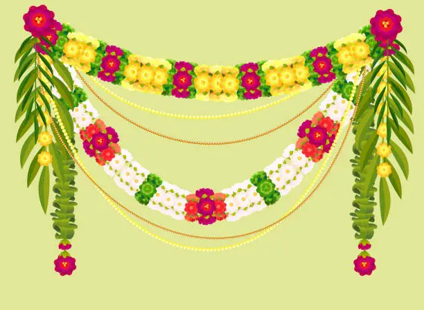 Vector illustration of Mala traditional Indian decoration garland of flowers and mango leaves
