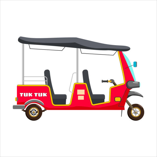 illustrazioni stock, clip art, cartoni animati e icone di tendenza di tuk tuk asiatico auto risciò tre ruote triciclo rosso. thailandia, paesi indiani baby taxi. illustrazione vettoriale stile cartone animato isolato - bangkok thailand asia water taxi