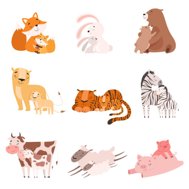 Cartoon Animal Mother and Her Cub Vector illustrations Set Cartoon Animal Mother and Her Cub Vector illustrations Set. Cute Mammals for Mother s Day Concept animal family stock illustrations