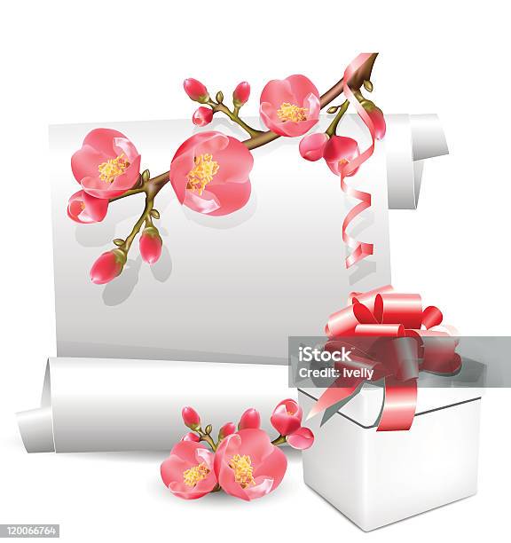 Vector Gift Spring Scroll With Flowering Quince And Present Stock Illustration - Download Image Now