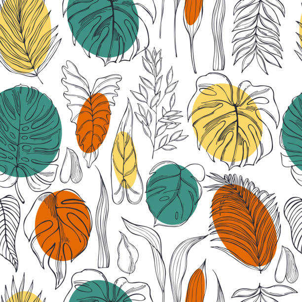 ilustraciones, imágenes clip art, dibujos animados e iconos de stock de plantas tropicales. patrón vectorial - tropical rainforest illustrations