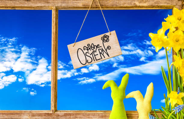 istock Vintage Window Frame, Sign, Calligraphy Frohe Ostern Means Happy Easter 1200673923