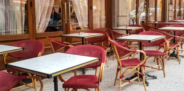 Classic French bistro French bistro furniture, chairs and tables on a terrace. ain france photos stock pictures, royalty-free photos & images