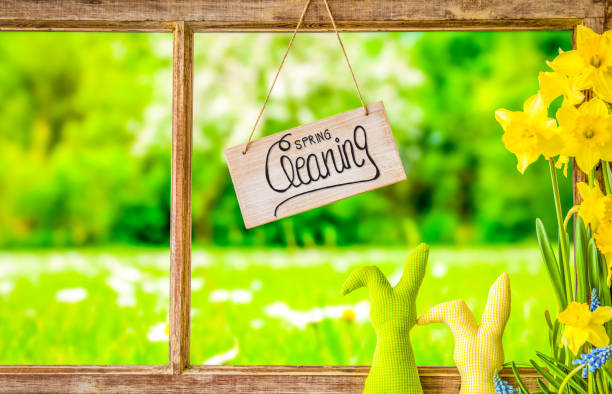 Vintage Window Frame, Sign, Calligraphy Spring Cleaning, Grass Meadow