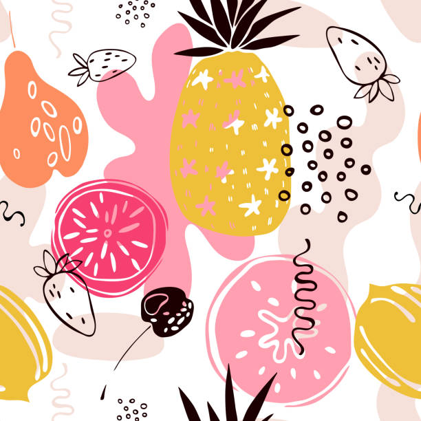 ilustraciones, imágenes clip art, dibujos animados e iconos de stock de frutas dibujadas a mano. patrón vectorial. - frutas tropicales