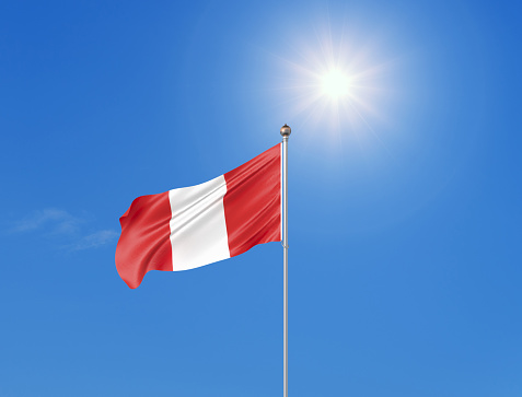 3D illustration. Colored waving flag of Peru on sunny blue sky background.