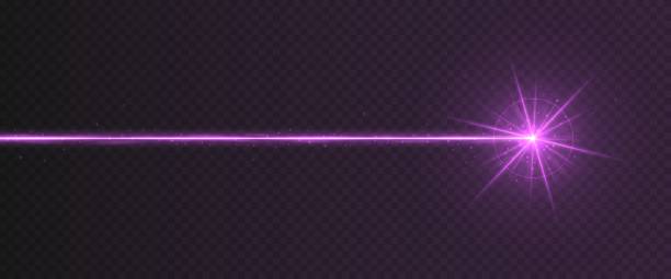 Purple laser beam light effect isolated on transparent background Purple laser beam light effect isolated on transparent background. Violet neon light ray with sparkles. single line power isolated electricity stock illustrations