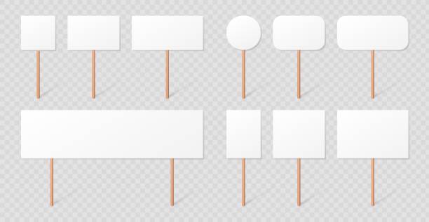Blank demonstration banners collection. Protest signs on wood sticks set. lank placard mockups with wooden holders. Blank demonstration banners collection isolated on transparent background. Protest signs on wood sticks set. Blank placard mockups with wooden holders realistic 3d vector illustration. wooden bleachers stock illustrations
