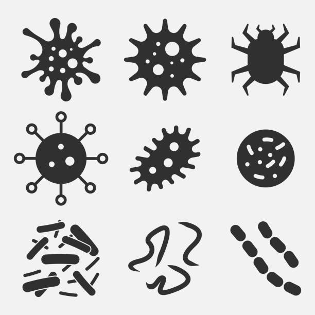 ilustrações, clipart, desenhos animados e ícones de bactérias, superinsetos, ícones do vírus isolados em fundo branco. ilustração do vetor. - hiv cell human cell retrovirus