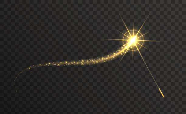 Magic wand with golden swirl and sparkles isolated on transparent background. Magic wand with golden swirl and sparkles isolated on transparent background. The magic scepter with stardust trail. magic wand stock illustrations