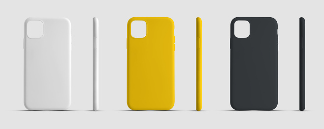 Mockup case for a mobile phone for advertising in an online store. Smartphone cover template for presentation design. Set of white, yellow and black container