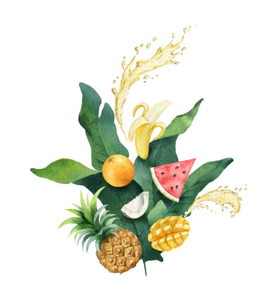 istock Watercolor vector composition of green tropical leaves and fruits. 1200679648