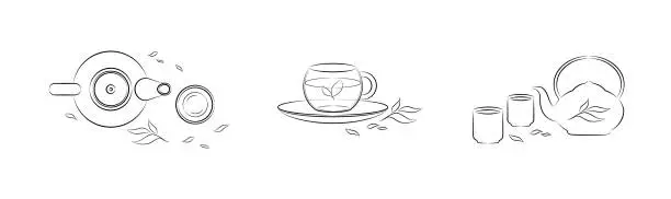 Vector illustration of Set of thin line tea icons. China tea.
