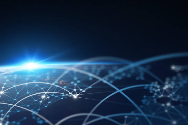 istock Sun Comes out from behind the Earth in Space with Geometric Network Polygon Graphic and Connected Lines 1200681157