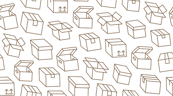 Delivery box background, cargo package seamless pattern. Various open and closed cardboard boxes, parcel flat line icons. Warehouse, storage vector illustration brown white color.