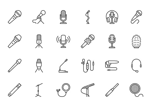 Mic flat line icons set. Podcast mike, journalist microphone, karaoke, conference, windscreen, retro radio vector illustration. Outline pictogram for music store. Pixel perfect 64x64. Editable Strokes