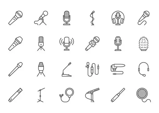 Vector illustration of Mic flat line icons set. Podcast mike, journalist microphone, karaoke, conference, windscreen, retro radio vector illustration. Outline pictogram for music store. Pixel perfect 64x64. Editable Stroke