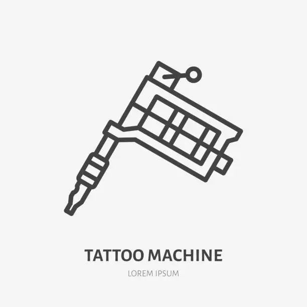 Vector illustration of Tattoo machine flat line icon. Tattooist equipment vector illustration. Outline sign for supply shop