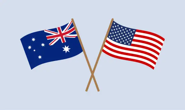 Vector illustration of Australia and US crossed flags on stick. American and Australian national symbols. Vector illustration.