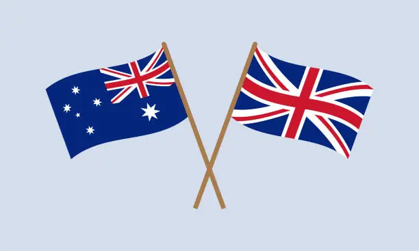 Vector illustration of Australia and UK crossed flags on stick. Australian and British national symbols. Vector illustration.