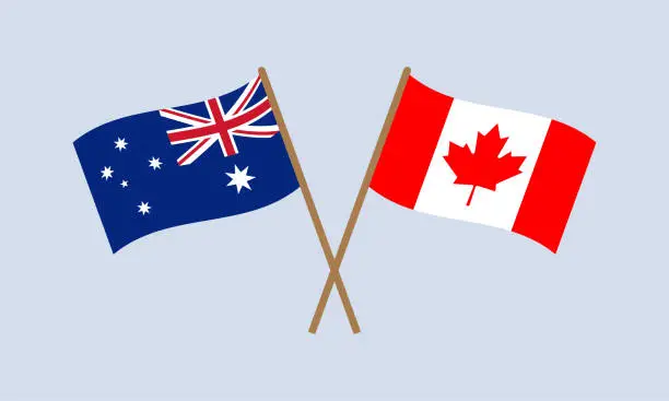 Vector illustration of Australia and UK crossed flags on stick. Australian and British national symbols. Vector illustration.