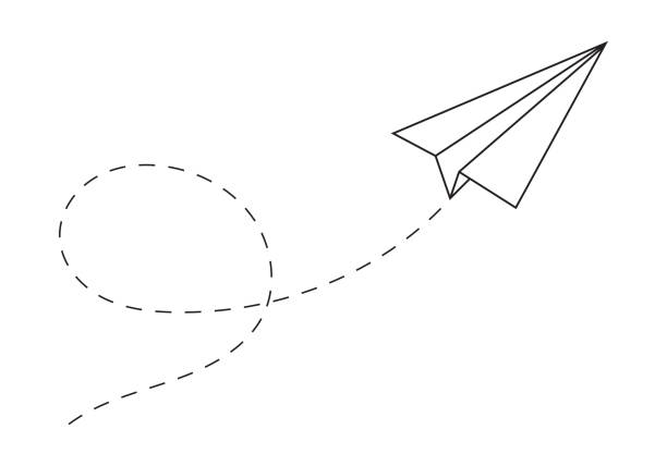 papierebene, die einem pfad folgt. flugzeugspur oder -route mit gepunkteten linien. vektor-illustration. - outline path stock-grafiken, -clipart, -cartoons und -symbole