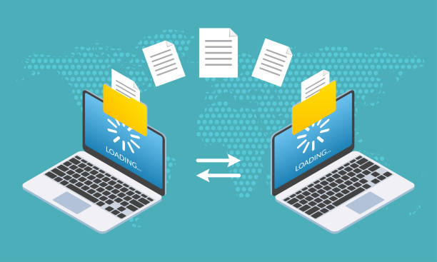 ilustrações de stock, clip art, desenhos animados e ícones de file transfer concept. two laptop computers with folders send and upload documents. file copy, data or information exchange design. vector illustration. - sharing data file document