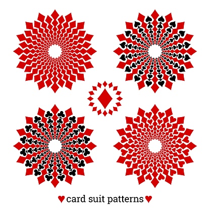 Gambling card suit poker four vector patterns based on diamonds. Poker casino abstract ornaments for gaming prints and gamble banners.