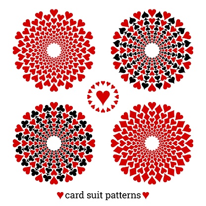 Gambling card suit poker four vector patterns based on hearts. Casino poker abstract ornaments for gaming prints and gamble banners.