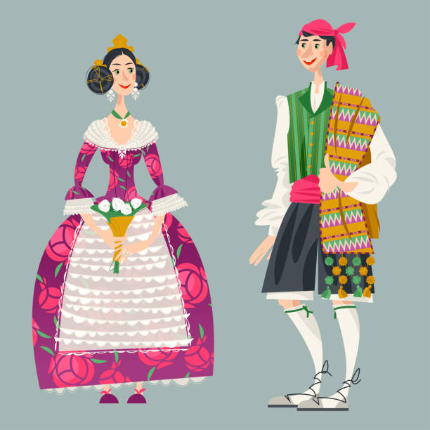 paar in traditioneller kleidung während des festivals von las fallas (festival des feuers) in valencia, spanien. - embroidery needlecraft product dress pattern stock-grafiken, -clipart, -cartoons und -symbole