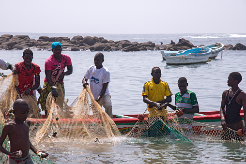 Dakar, Senegal - January 06, 2014: Group of fishermen collecting fish with artisanal nets on the Senegalese coast of Ngor