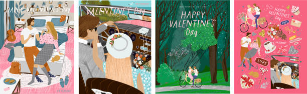 frohe valentinstag! vektor-illustration für den urlaub der liebe - 14. februar. zeichnungen eines paares zu hause, brautpaar in einem retro-auto und liebhaber auf einem fahrrad in der natur - valentines day couple stock-grafiken, -clipart, -cartoons und -symbole