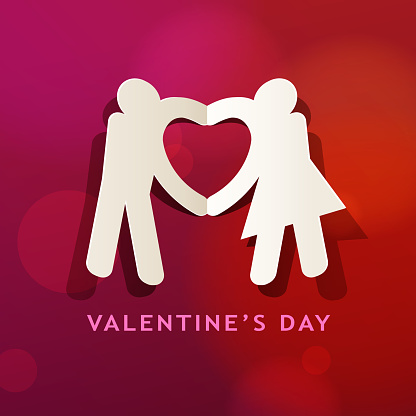 Paper craft of Couple falling in love and forming a heart shape on the red background for the Valentine's Day