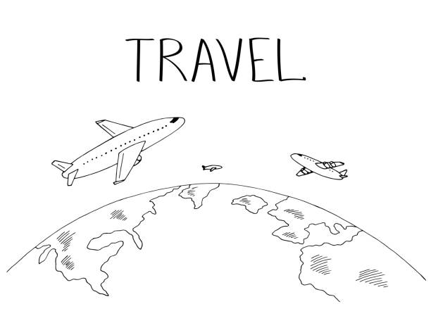 illustrazioni stock, clip art, cartoni animati e icone di tendenza di i piani volano intorno alla terra grafica bianco nero viaggio disegno illustrazione vettore - flying vacations doodle globe