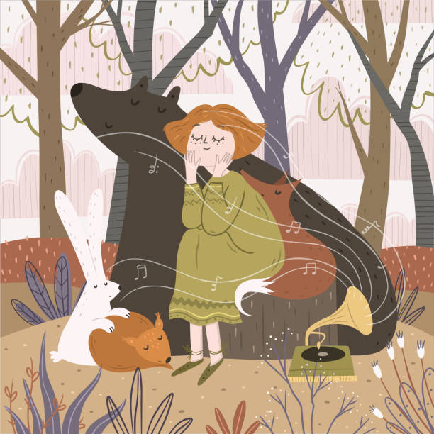 ilustrações de stock, clip art, desenhos animados e ícones de hello spring and summer! cute vector illustration of a girl and animals in the forest listening to music. drawing of a hare, bear, fox and fairy in nature near the gramophone - baby animals audio