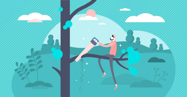 Self sabotage and self defeating mind state concept Self sabotage and self defeating mind state concept.Flat tiny person vector illustration.Do not cut the branch you are sitting on.Wrong mental action and problem solving.Business or personal failure. sabotage stock illustrations