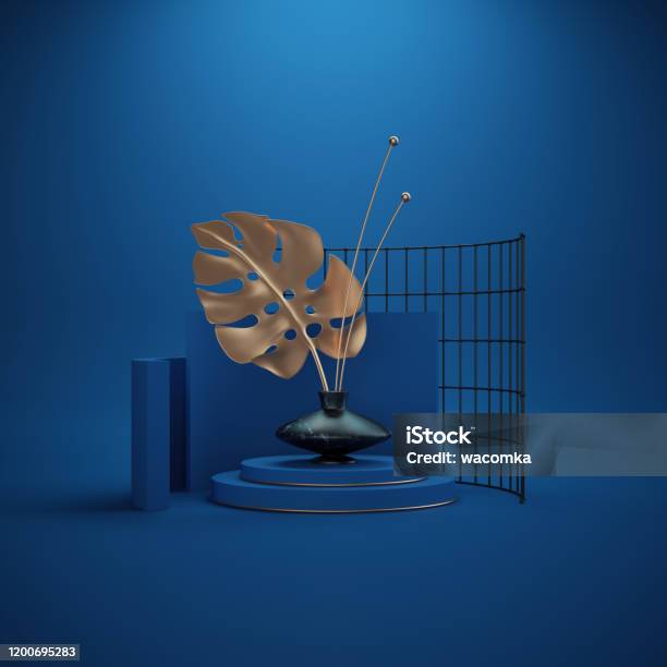 3d Render Abstract Minimal Background Golden Monstera Palm Leaf In Black Marble Vase Interior Mock Up Showcase Primitive Shapes Art Deco Shop Display Classic Blue Color Of The Year 2020 Stock Photo - Download Image Now