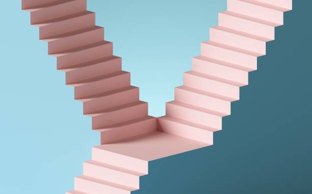 istock 3d render, abstract background with steps and staircase, in pink and blue pastel colors. Architectural design elements. 1200695853