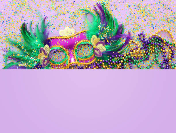 Holidays image of mardi gras masquarade venetian mask over purple background. view from above Holidays image of mardi gras masquarade venetian mask over purple background. view from above mardi gras confetti stock pictures, royalty-free photos & images