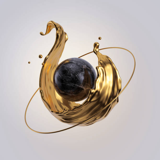 3d render. Golden splash, splashing wave, liquid gold, black marble ball. Flying objects isolated on white background. Abstract geometrical design. Fashion concept. Modern minimal style. 3d render. Golden splash, splashing wave, liquid gold, black marble ball. Flying objects isolated on white background. Abstract geometrical design. Fashion concept. Modern minimal style. metal sphere stock pictures, royalty-free photos & images