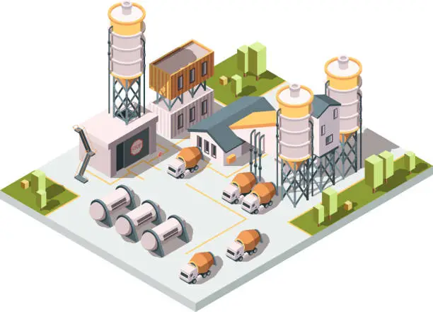 Vector illustration of Concrete factory. Machinery manufactory production industrial concept cement mixer machine and tanks vector isometric