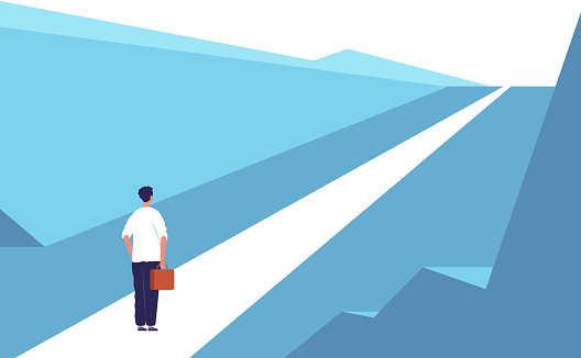New journey concept. Highway road abstract person standing outdoor business opportunities vector flat background. Career new way, businessman journey to opportunity illustration