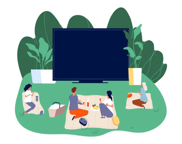 Vector illustration of Open air cinema. Outdoors movie illustration. Teenagers with snacks and screening film. Romantic couple date vector concept