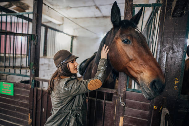 istock Beautiful female jockey in barn 1200701214